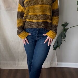 BDG Striped Crewneck Sweater in Mustard and Black